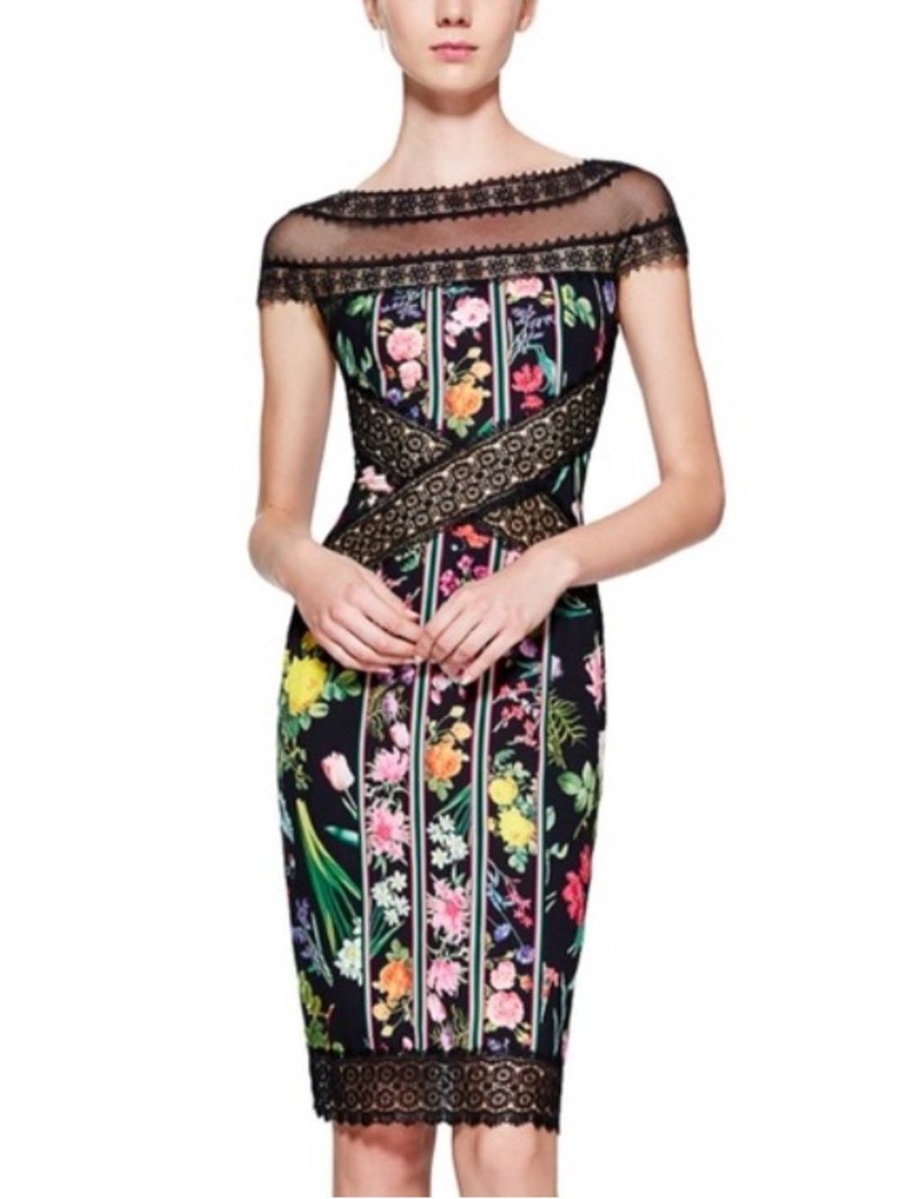 Tadashi Shoji Anais Black Floral Lace knee length/midi Dress